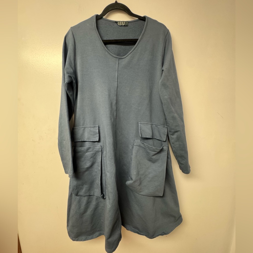 Saga Dress Womens Lagenlook Green Made in Italy Pocket Boxy One Size boho V